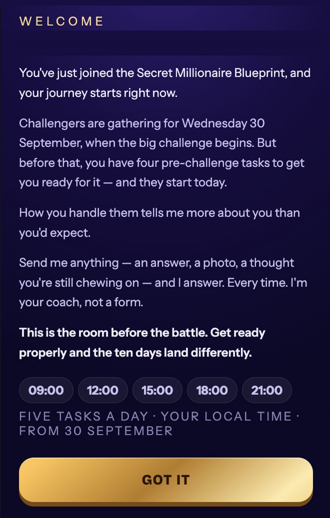 The welcome screen: five tasks a day, your local time