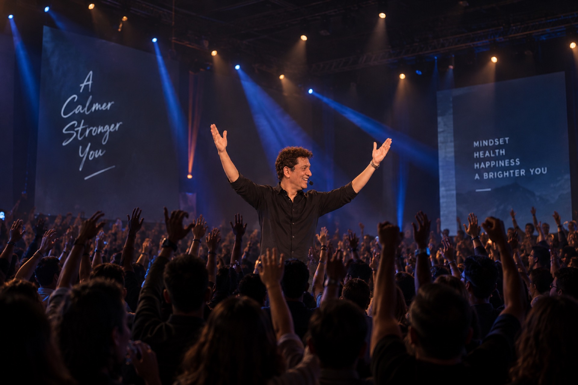 Arfeen Khan on stage, arms raised, every hand in the room in the air